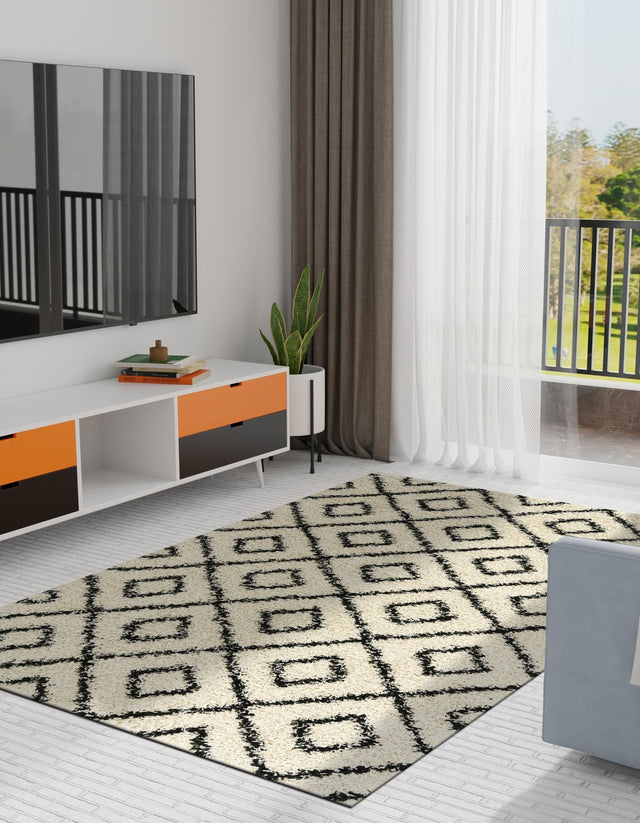 White and Black 5' 3 x 8' Trellis Shag Rectangle Area Rug Thick Soft Touch Fluffy & Plush Shaggy Pile Geometric Modern Unique Carpet for Home Interior Design for Sale at Rug Engine