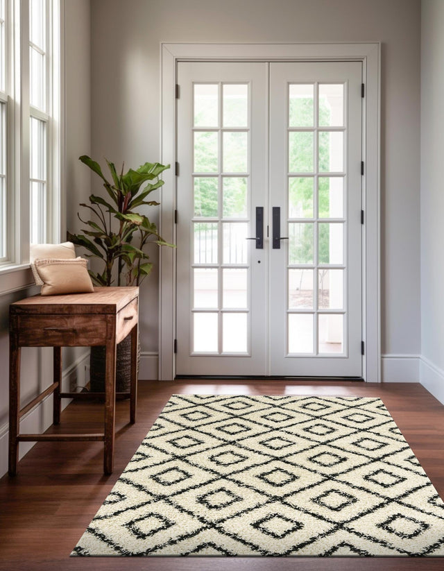 White and Black 5' 3 x 8' Trellis Shag Rectangle Area Rug Thick Soft Touch Fluffy & Plush Shaggy Pile Geometric Modern Unique Carpet for Home Interior Design for Sale at Rug Engine