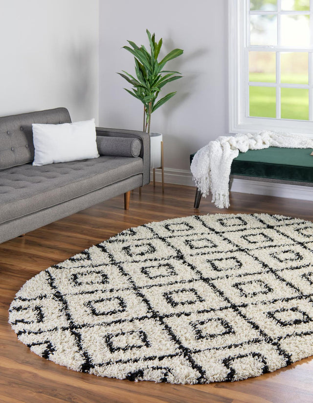 White and Black 5' 3 x 8' Trellis Shag Oval Area Rug Thick Soft Touch Fluffy & Plush Shaggy Pile Geometric Modern Unique Carpet for Home Interior Design for Sale at Rug Engine