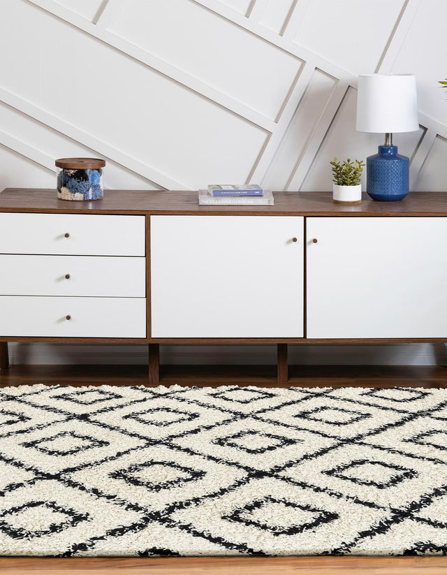 White and Black 5' 3 x 8' Trellis Shag Oval Area Rug Thick Soft Touch Fluffy & Plush Shaggy Pile Geometric Modern Unique Carpet for Home Interior Design for Sale at Rug Engine
