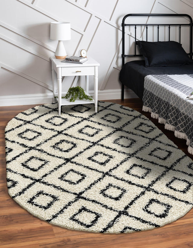 White and Black 5' 3 x 8' Trellis Shag Oval Area Rug Thick Soft Touch Fluffy & Plush Shaggy Pile Geometric Modern Unique Carpet for Home Interior Design for Sale at Rug Engine