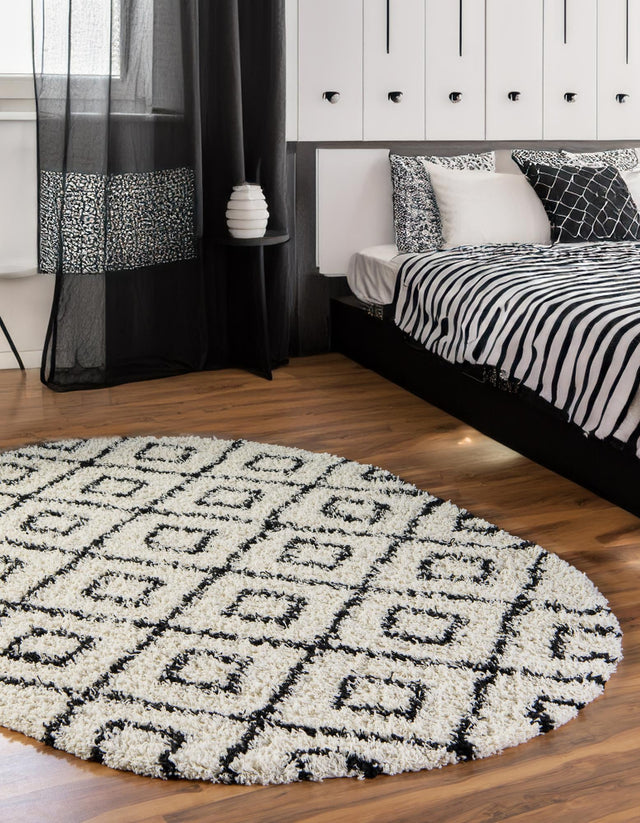 White and Black 5' 3 x 8' Trellis Shag Oval Area Rug Thick Soft Touch Fluffy & Plush Shaggy Pile Geometric Modern Unique Carpet for Home Interior Design for Sale at Rug Engine