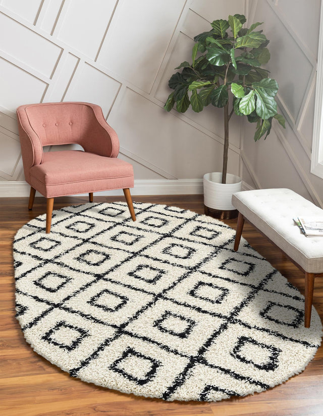 White and Black 4' x 6' Trellis Shag Oval Area Rug Thick Soft Touch Fluffy & Plush Shaggy Pile Geometric Modern Unique Carpet for Home Interior Design for Sale at Rug Engine
