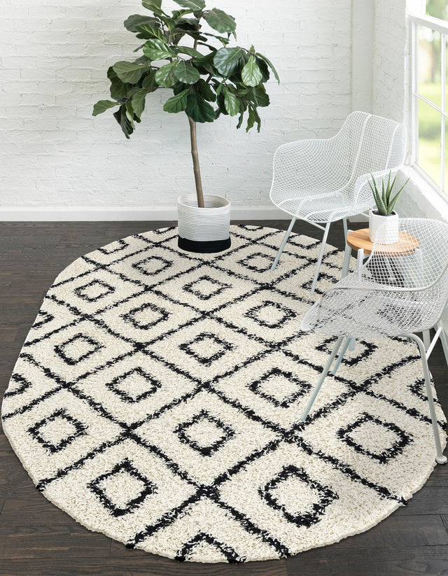 White and Black 4' x 6' Trellis Shag Oval Area Rug Thick Soft Touch Fluffy & Plush Shaggy Pile Geometric Modern Unique Carpet for Home Interior Design for Sale at Rug Engine
