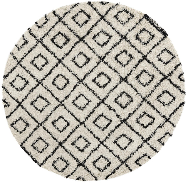 White and Black 7' 10 x 7' 10 Trellis Shag Round Area Rug Thick Soft Touch Fluffy & Plush Shaggy Pile Geometric Modern Unique Carpet for Home Interior Design for Sale at Rug Engine