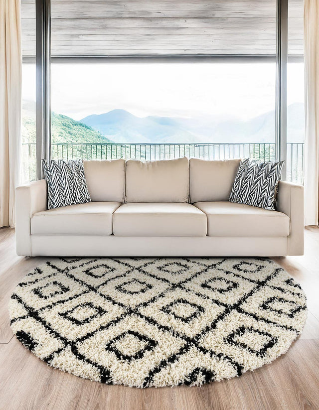 White and Black 7' 10 x 7' 10 Trellis Shag Round Area Rug Thick Soft Touch Fluffy & Plush Shaggy Pile Geometric Modern Unique Carpet for Home Interior Design for Sale at Rug Engine