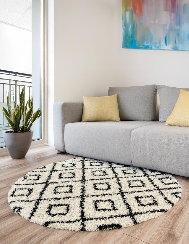 White and Black 7' 10 x 7' 10 Trellis Shag Round Area Rug Thick Soft Touch Fluffy & Plush Shaggy Pile Geometric Modern Unique Carpet for Home Interior Design for Sale at Rug Engine