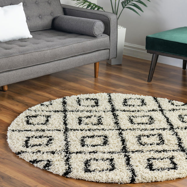 White and Black 7' 10 x 7' 10 Trellis Shag Round Area Rug Thick Soft Touch Fluffy & Plush Shaggy Pile Geometric Modern Unique Carpet for Home Interior Design for Sale at Rug Engine