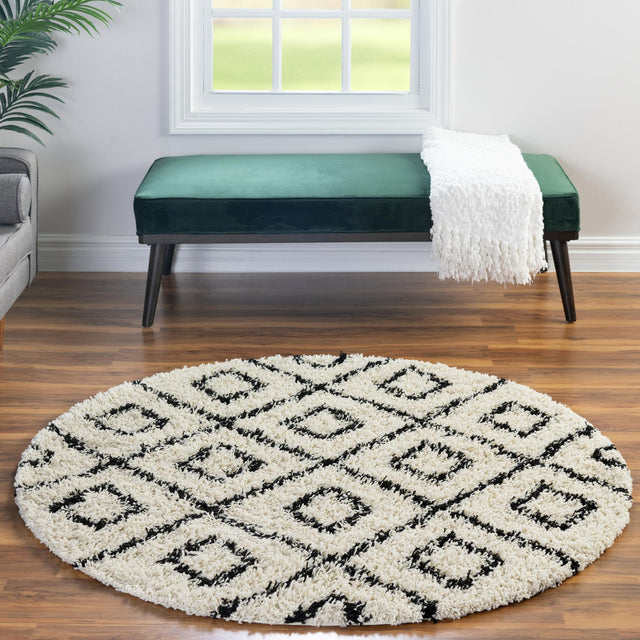 White and Black 7' 10 x 7' 10 Trellis Shag Round Area Rug Thick Soft Touch Fluffy & Plush Shaggy Pile Geometric Modern Unique Carpet for Home Interior Design for Sale at Rug Engine