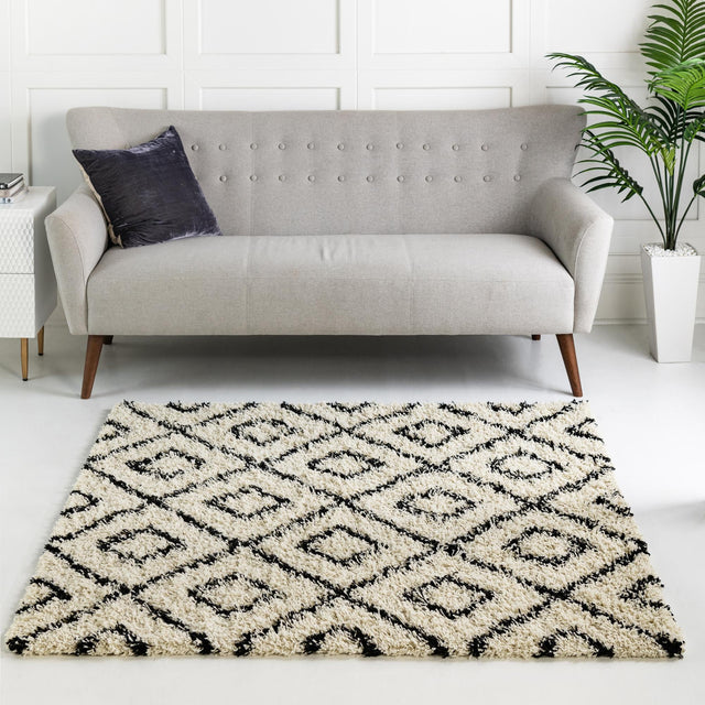 White and Black 8' x 8' Trellis Shag Square Area Rug Thick Soft Touch Fluffy & Plush Shaggy Pile Geometric Modern Unique Carpet for Home Interior Design for Sale at Rug Engine