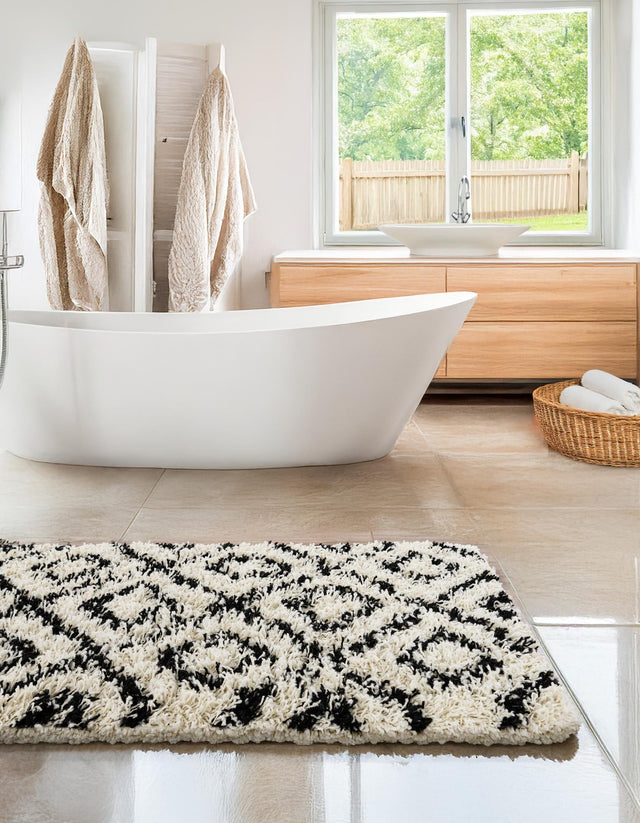 White and Black 2' x 6' Trellis Shag Runner Area Rug Thick Soft Touch Fluffy & Plush Shaggy Pile Geometric Modern Unique Carpet for Home Interior Design for Sale at Rug Engine