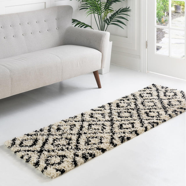White and Black 2' x 7' Trellis Shag Runner Area Rug Thick Soft Touch Fluffy & Plush Shaggy Pile Geometric Modern Unique Carpet for Home Interior Design for Sale at Rug Engine