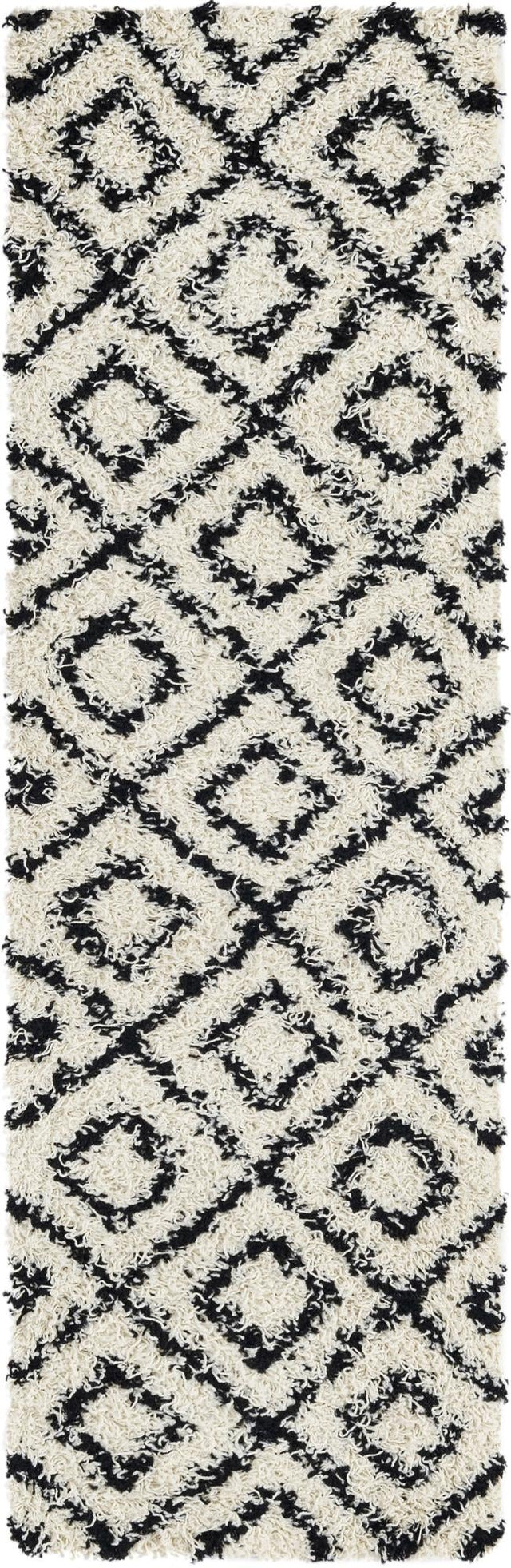 White and Black 2' x 7' Trellis Shag Runner Area Rug Thick Soft Touch Fluffy & Plush Shaggy Pile Geometric Modern Unique Carpet for Home Interior Design for Sale at Rug Engine