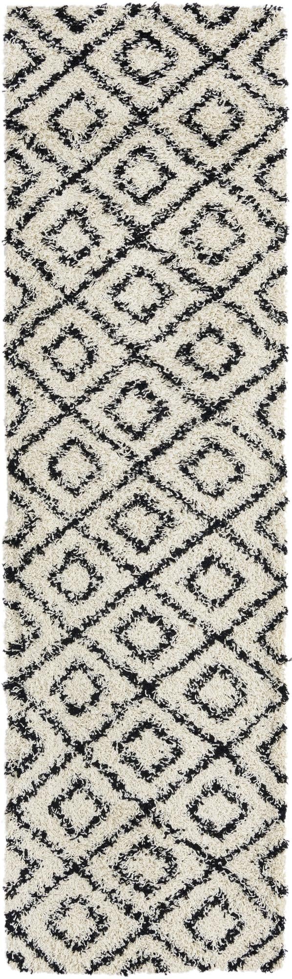 White and Black 2' 7 x 10' Trellis Shag Runner Area Rug Thick Soft Touch Fluffy & Plush Shaggy Pile Geometric Modern Unique Carpet for Home Interior Design for Sale at Rug Engine