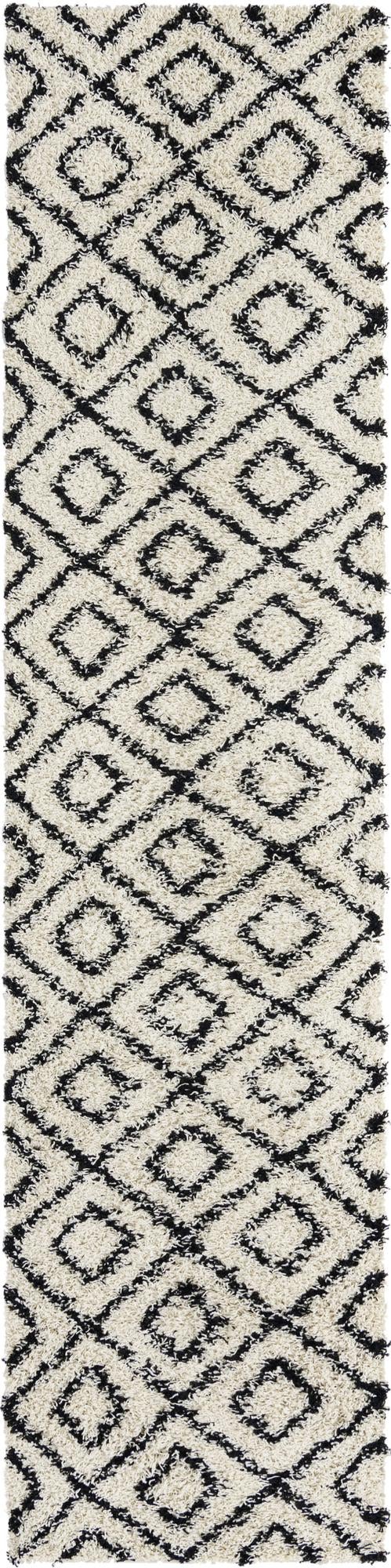 White and Black 2' 7 x 12' Trellis Shag Runner Area Rug Thick Soft Touch Fluffy & Plush Shaggy Pile Geometric Modern Unique Carpet for Home Interior Design for Sale at Rug Engine