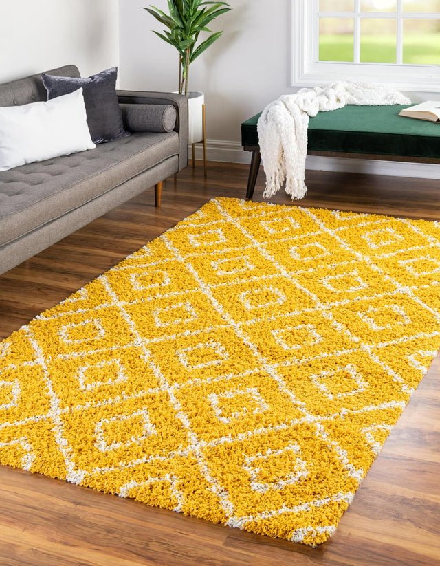 Yellow 4' x 6' Trellis Shag Rectangle Area Rug Thick Soft Touch Fluffy & Plush Shaggy Pile Geometric Modern Unique Carpet for Home Interior Design for Sale at Rug Engine