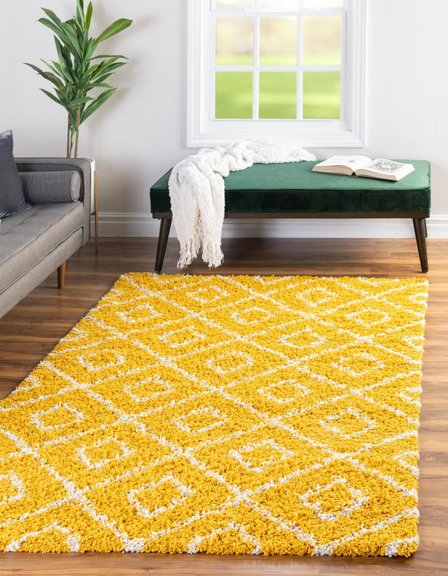 Yellow 4' x 6' Trellis Shag Rectangle Area Rug Thick Soft Touch Fluffy & Plush Shaggy Pile Geometric Modern Unique Carpet for Home Interior Design for Sale at Rug Engine