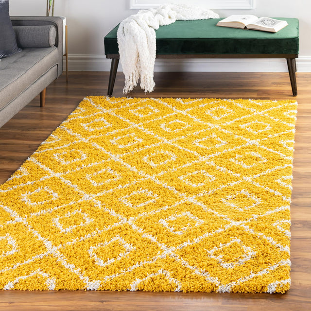 Yellow 10' 8 x 14' Trellis Shag Rectangle Area Rug Thick Soft Touch Fluffy & Plush Shaggy Pile Geometric Modern Unique Carpet for Home Interior Design for Sale at Rug Engine