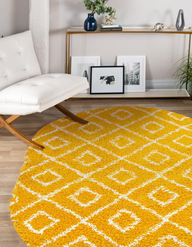 Yellow 4' x 6' Trellis Shag Oval Area Rug Thick Soft Touch Fluffy & Plush Shaggy Pile Geometric Modern Unique Carpet for Home Interior Design for Sale at Rug Engine