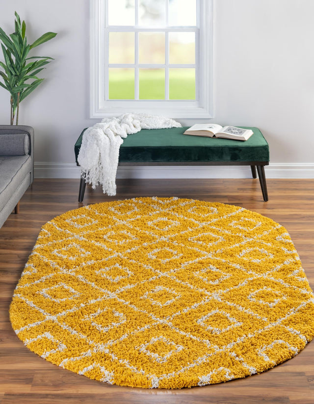 Yellow 7' 10 x 10' Trellis Shag Oval Area Rug Thick Soft Touch Fluffy & Plush Shaggy Pile Geometric Modern Unique Carpet for Home Interior Design for Sale at Rug Engine