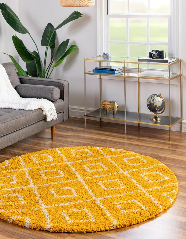 Yellow 10' x 10' Trellis Shag Round Area Rug Thick Soft Touch Fluffy & Plush Shaggy Pile Geometric Modern Unique Carpet for Home Interior Design for Sale at Rug Engine