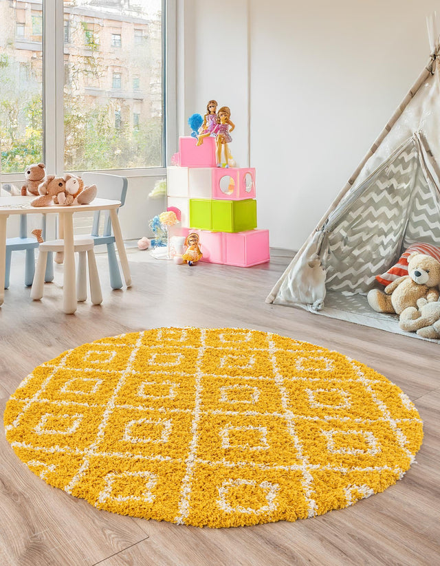 Yellow 10' x 10' Trellis Shag Round Area Rug Thick Soft Touch Fluffy & Plush Shaggy Pile Geometric Modern Unique Carpet for Home Interior Design for Sale at Rug Engine