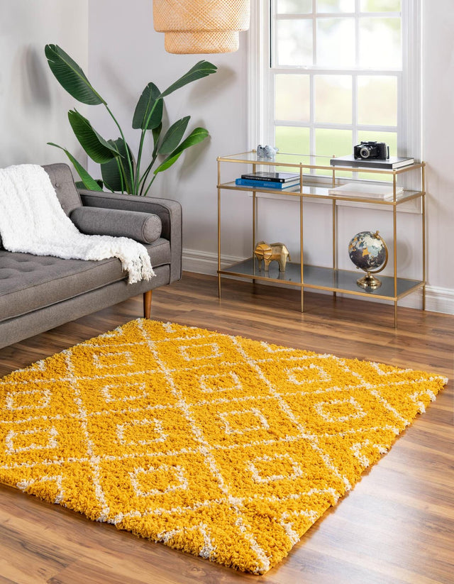 Yellow 5' 3 x 5' 3 Trellis Shag Square Area Rug Thick Soft Touch Fluffy & Plush Shaggy Pile Geometric Modern Unique Carpet for Home Interior Design for Sale at Rug Engine