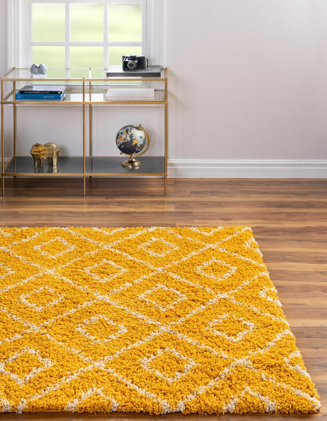 Yellow 10' x 10' Trellis Shag Square Area Rug Thick Soft Touch Fluffy & Plush Shaggy Pile Geometric Modern Unique Carpet for Home Interior Design for Sale at Rug Engine