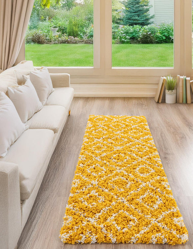 Yellow 2' 7 x 12' Trellis Shag Runner Area Rug Thick Soft Touch Fluffy & Plush Shaggy Pile Geometric Modern Unique Carpet for Home Interior Design for Sale at Rug Engine