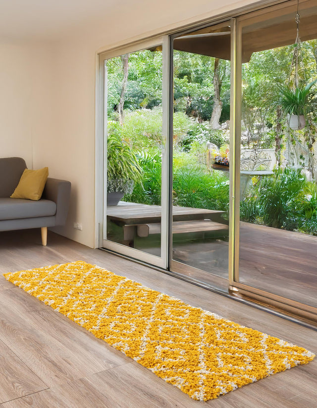 Yellow 2' x 8' Trellis Shag Runner Area Rug Thick Soft Touch Fluffy & Plush Shaggy Pile Geometric Modern Unique Carpet for Home Interior Design for Sale at Rug Engine