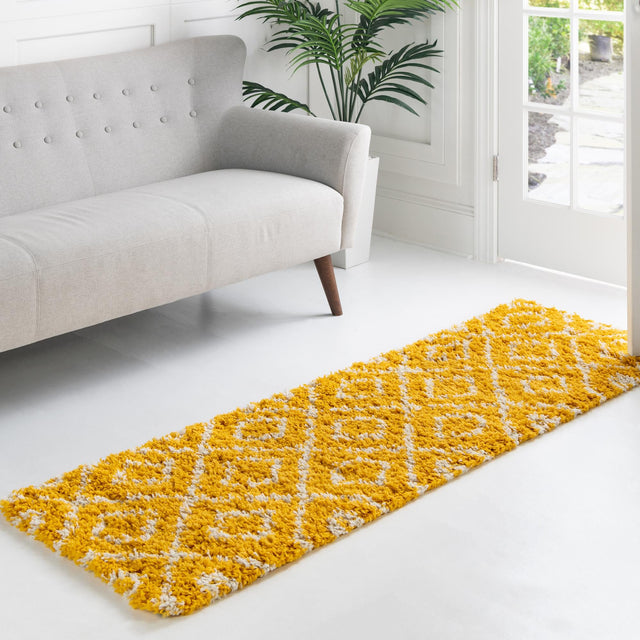 Yellow 2' x 5' Trellis Shag Runner Area Rug Thick Soft Touch Fluffy & Plush Shaggy Pile Geometric Modern Unique Carpet for Home Interior Design for Sale at Rug Engine