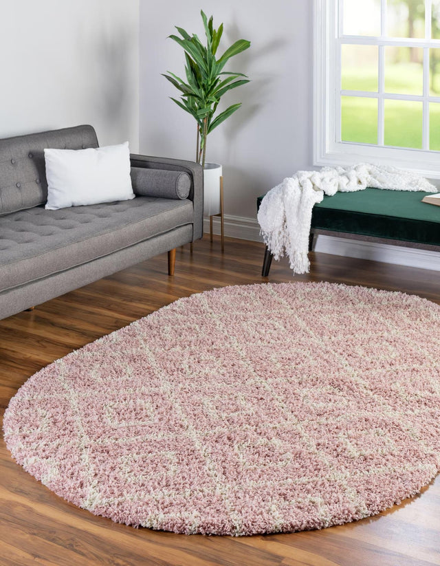 Light Pink 5' 3 x 8' Trellis Shag Oval Area Rug Thick Soft Touch Fluffy & Plush Shaggy Pile Geometric Modern Unique Carpet for Home Interior Design for Sale at Rug Engine