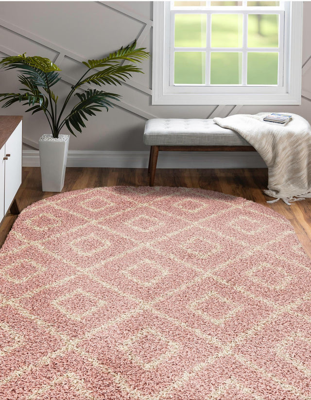 Light Pink 5' 3 x 8' Trellis Shag Oval Area Rug Thick Soft Touch Fluffy & Plush Shaggy Pile Geometric Modern Unique Carpet for Home Interior Design for Sale at Rug Engine