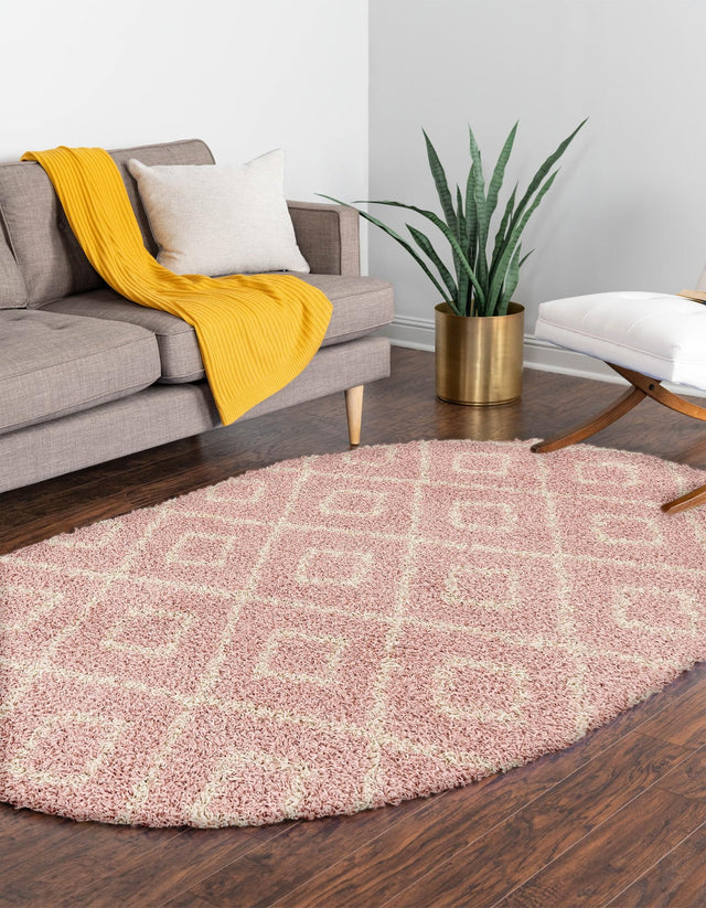 Light Pink 7' 10 x 10' Trellis Shag Oval Area Rug Thick Soft Touch Fluffy & Plush Shaggy Pile Geometric Modern Unique Carpet for Home Interior Design for Sale at Rug Engine
