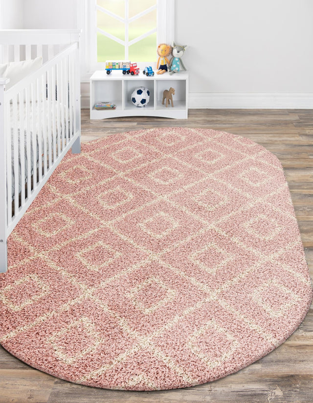 Light Pink 5' 3 x 8' Trellis Shag Oval Area Rug Thick Soft Touch Fluffy & Plush Shaggy Pile Geometric Modern Unique Carpet for Home Interior Design for Sale at Rug Engine