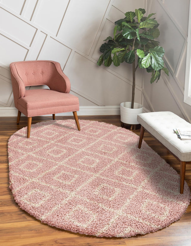 Light Pink 7' 10 x 10' Trellis Shag Oval Area Rug Thick Soft Touch Fluffy & Plush Shaggy Pile Geometric Modern Unique Carpet for Home Interior Design for Sale at Rug Engine