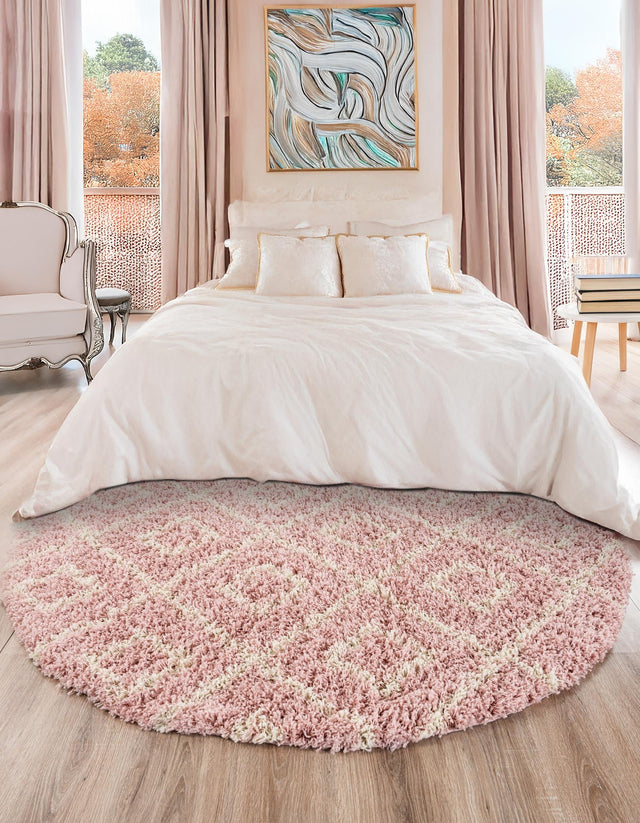 Light Pink 3' 3 x 3' 3 Trellis Shag Round Area Rug Thick Soft Touch Fluffy & Plush Shaggy Pile Geometric Modern Unique Carpet for Home Interior Design for Sale at Rug Engine