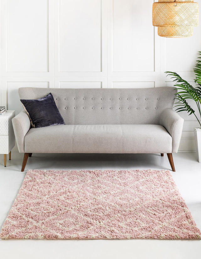 Light Pink 4' x 4' Trellis Shag Square Area Rug Thick Soft Touch Fluffy & Plush Shaggy Pile Geometric Modern Unique Carpet for Home Interior Design for Sale at Rug Engine