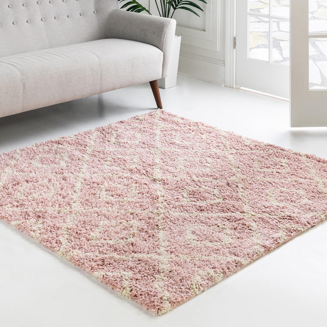 Light Pink 6' x 6' Trellis Shag Square Area Rug Thick Soft Touch Fluffy & Plush Shaggy Pile Geometric Modern Unique Carpet for Home Interior Design for Sale at Rug Engine