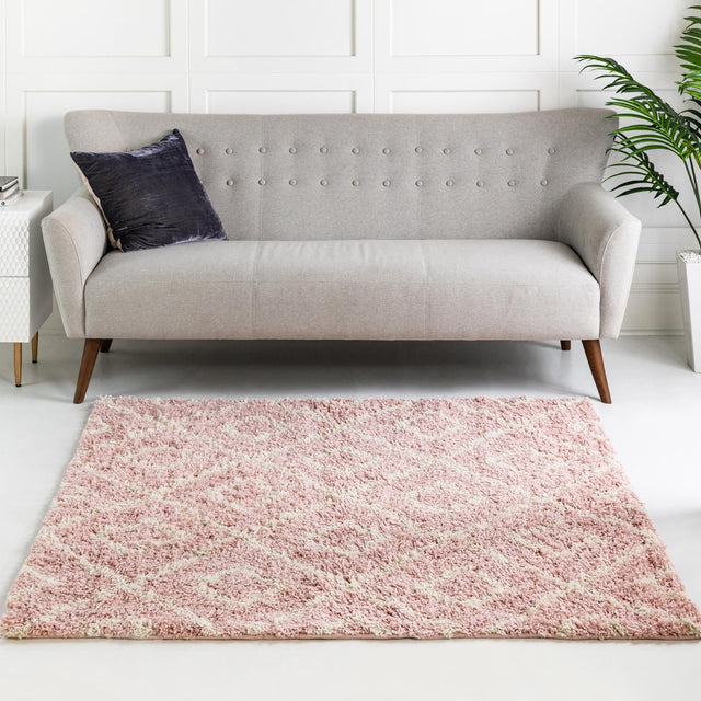 Light Pink 6' x 6' Trellis Shag Square Area Rug Thick Soft Touch Fluffy & Plush Shaggy Pile Geometric Modern Unique Carpet for Home Interior Design for Sale at Rug Engine