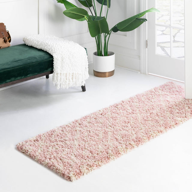 Light Pink 3' 3 x 16' 5 Trellis Shag Runner Area Rug Thick Soft Touch Fluffy & Plush Shaggy Pile Geometric Modern Unique Carpet for Home Interior Design for Sale at Rug Engine