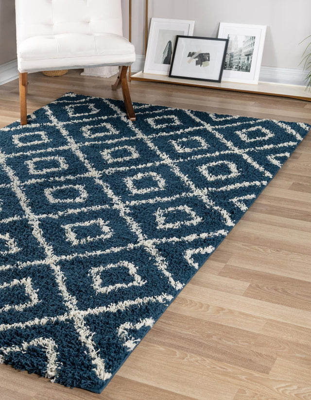 Navy Blue 9' x 12' Trellis Shag Rectangle Area Rug Thick Soft Touch Fluffy & Plush Shaggy Pile Geometric Modern Unique Carpet for Home Interior Design for Sale at Rug Engine