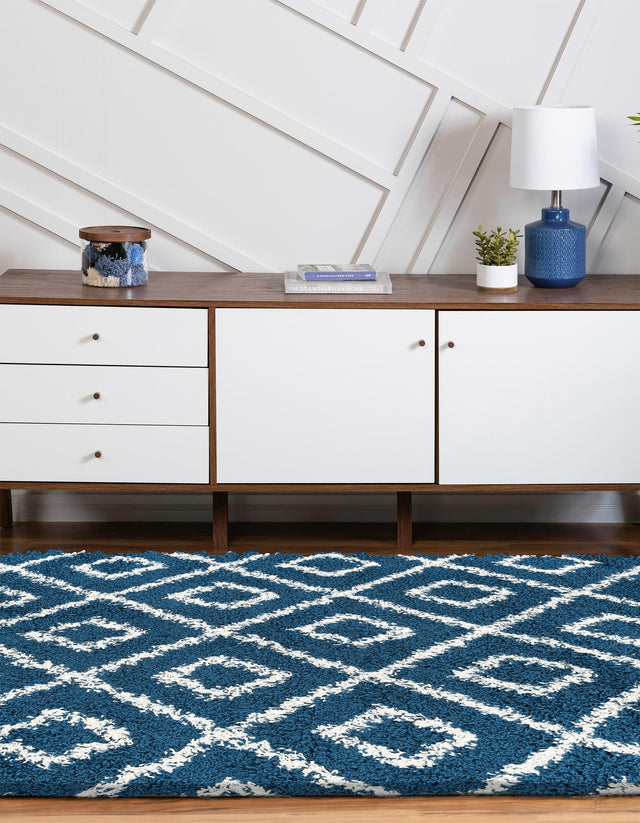 Navy Blue 5' 3 x 8' Trellis Shag Oval Area Rug Thick Soft Touch Fluffy & Plush Shaggy Pile Geometric Modern Unique Carpet for Home Interior Design for Sale at Rug Engine