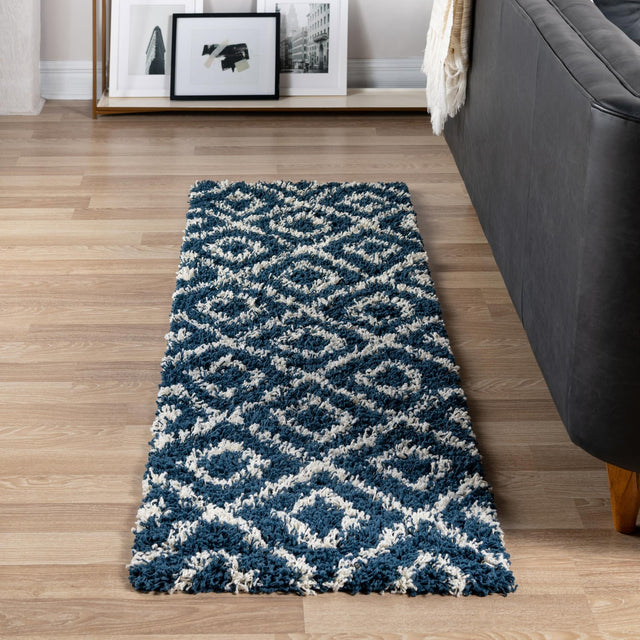 Navy Blue 2' 7 x 12' Trellis Shag Runner Area Rug Thick Soft Touch Fluffy & Plush Shaggy Pile Geometric Modern Unique Carpet for Home Interior Design for Sale at Rug Engine