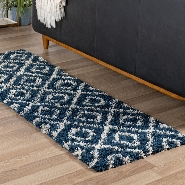 Navy Blue 2' 7 x 12' Trellis Shag Runner Area Rug Thick Soft Touch Fluffy & Plush Shaggy Pile Geometric Modern Unique Carpet for Home Interior Design for Sale at Rug Engine