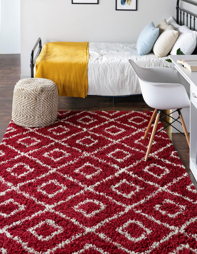 Burgundy Red 7' 10 x 10' Trellis Shag Rectangle Area Rug Thick Soft Touch Fluffy & Plush Shaggy Pile Geometric Modern Unique Carpet for Home Interior Design for Sale at Rug Engine