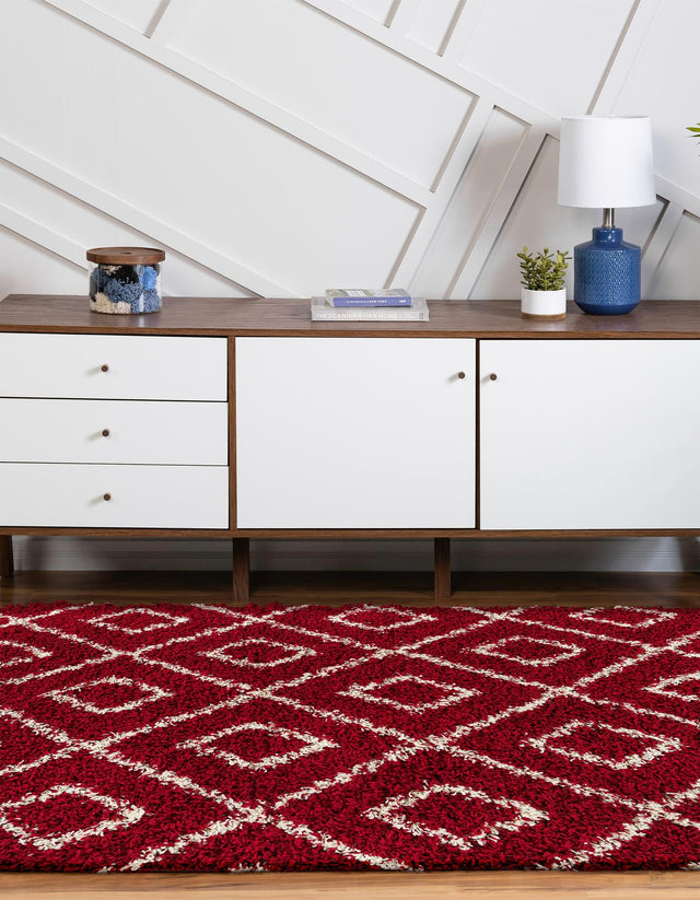 Burgundy Red 5' 3 x 8' Trellis Shag Oval Area Rug Thick Soft Touch Fluffy & Plush Shaggy Pile Geometric Modern Unique Carpet for Home Interior Design for Sale at Rug Engine