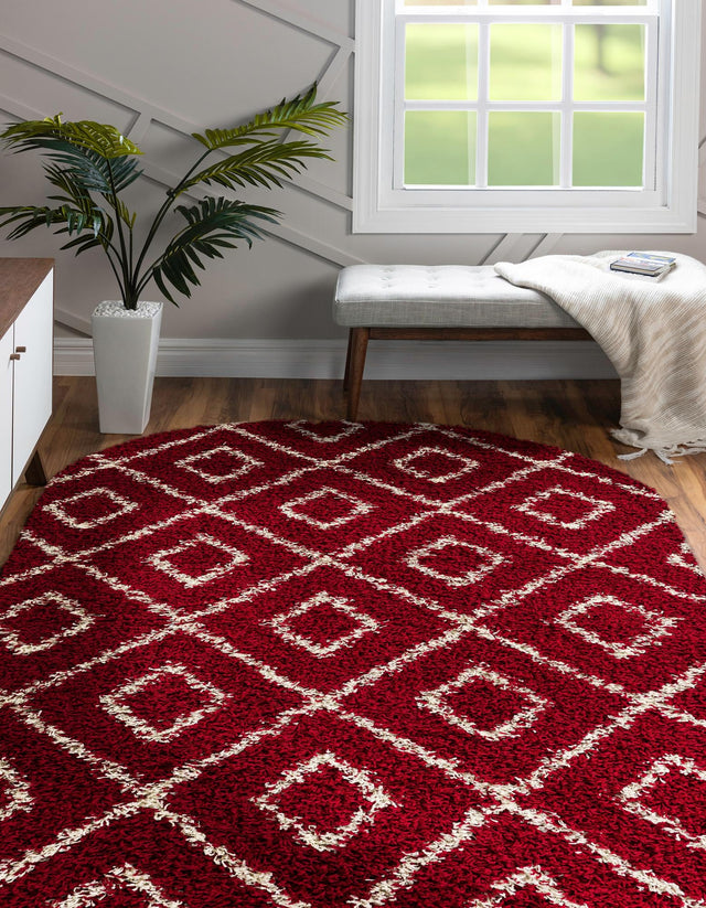 Burgundy Red 5' 3 x 8' Trellis Shag Oval Area Rug Thick Soft Touch Fluffy & Plush Shaggy Pile Geometric Modern Unique Carpet for Home Interior Design for Sale at Rug Engine