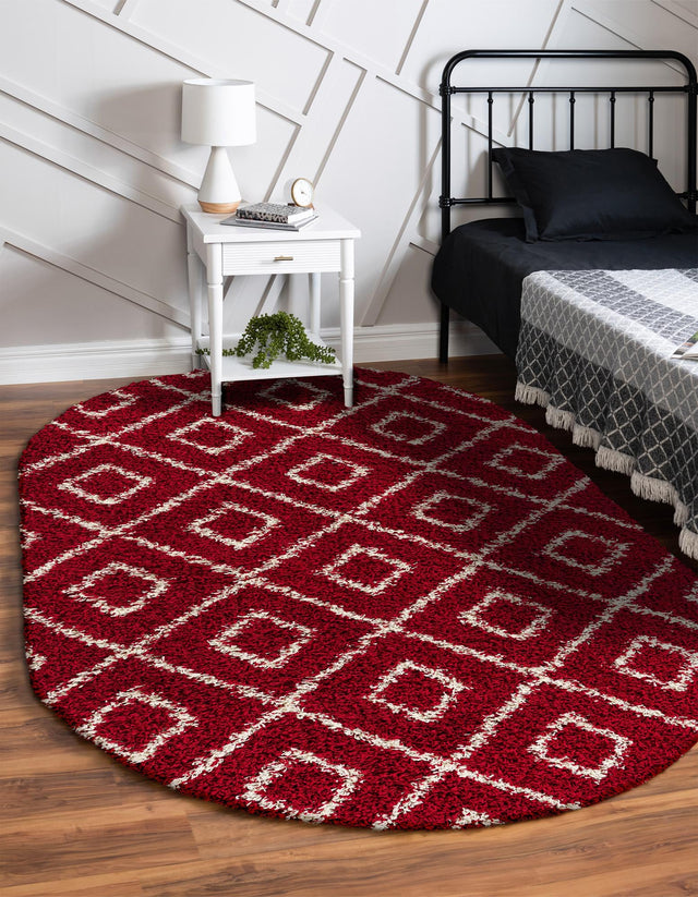 Burgundy Red 5' 3 x 8' Trellis Shag Oval Area Rug Thick Soft Touch Fluffy & Plush Shaggy Pile Geometric Modern Unique Carpet for Home Interior Design for Sale at Rug Engine