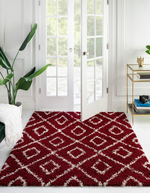 Burgundy Red 6' x 6' Trellis Shag Square Area Rug Thick Soft Touch Fluffy & Plush Shaggy Pile Geometric Modern Unique Carpet for Home Interior Design for Sale at Rug Engine